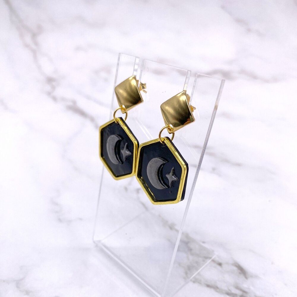 Black Holographic Celestial Crescent Moon Dangle Stud Earrings - Picture 7 of 15